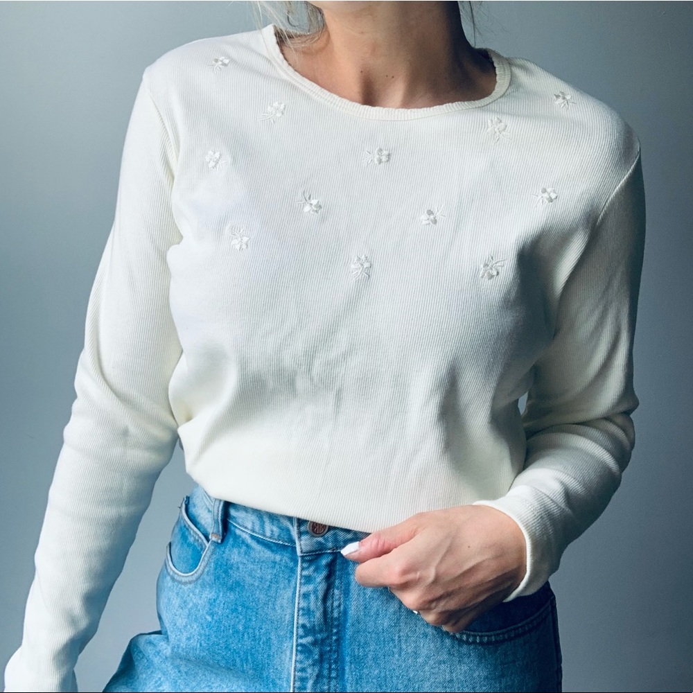 Vintage Floral Embroidered Long Sleeve Shirt Top